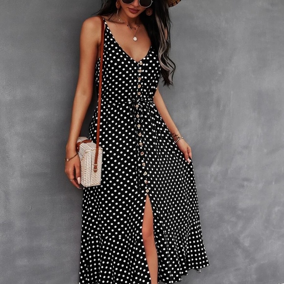 Button up v neck tie polka dot midi dress - Picture 15 of 16